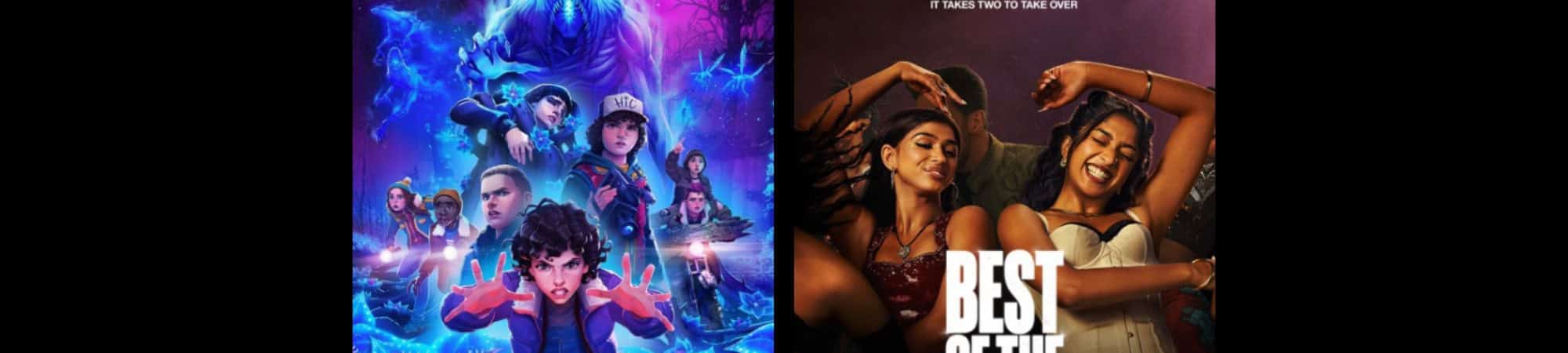 Montagem com pôsteres da série "Stranger Things: Histórias de 85" e do filme "Conforme a Música", ambas produções originais da Netflix