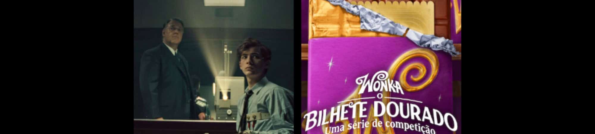 Montagem com pôsteres do filme Unabomber e do reality show Wonka O Bilhete Dourado, ambas produções da Netflix