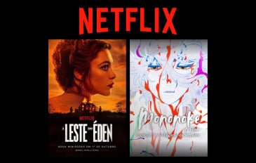 Montagem com pôsteres de A Leste do Éden e Mononoke 3, ambas produções da Netflix