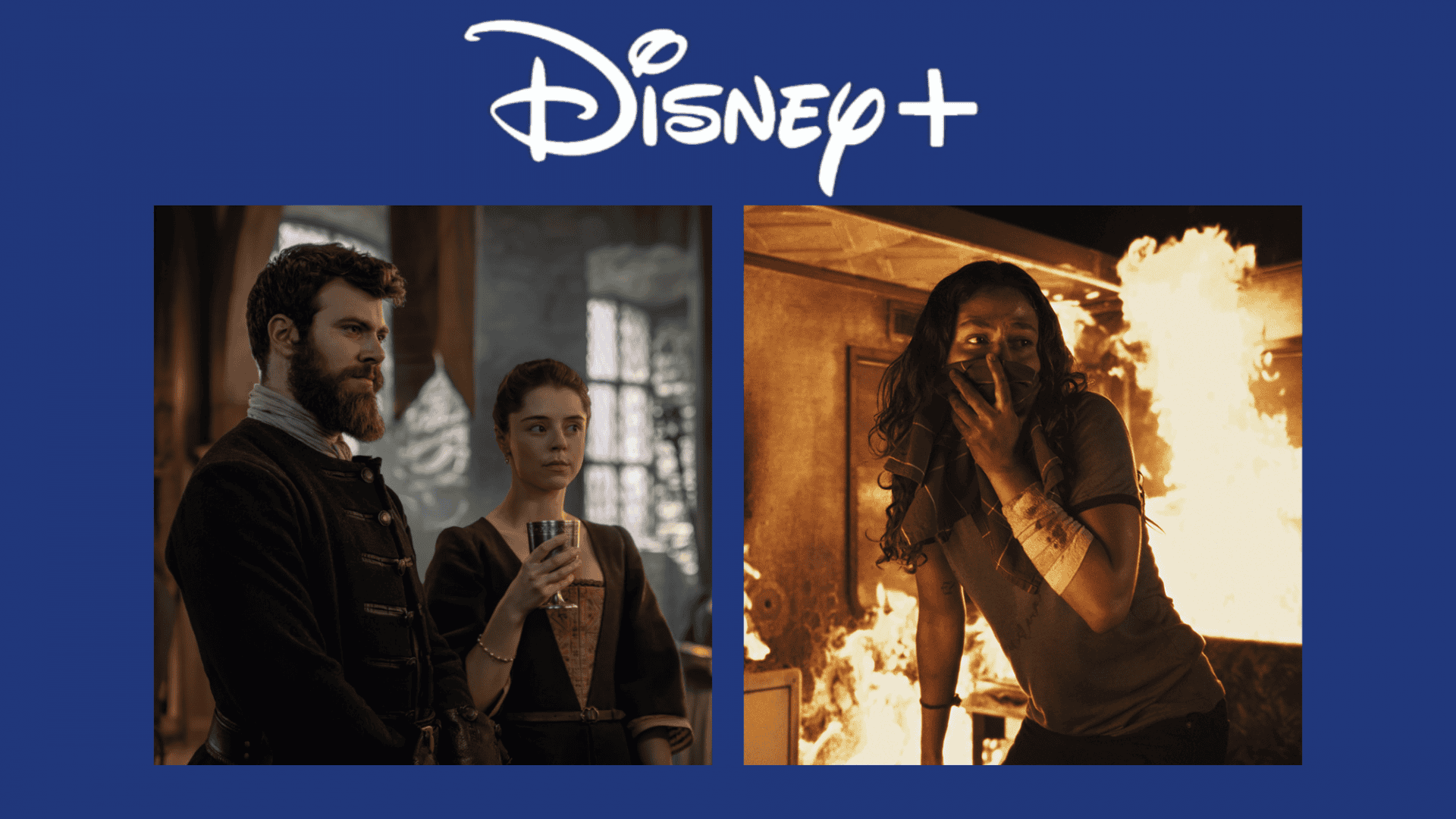 Montagem com o logo do Disney+ no topo, cena de Outlander: Blood of My Blood à esquerda e cena de Cidade de Sangue com uma mulher diante de um incêndio à direita.