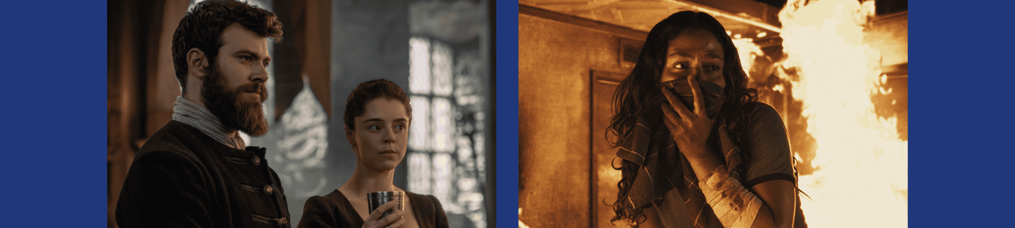 Montagem com o logo do Disney+ no topo, cena de Outlander: Blood of My Blood à esquerda e cena de Cidade de Sangue com uma mulher diante de um incêndio à direita.