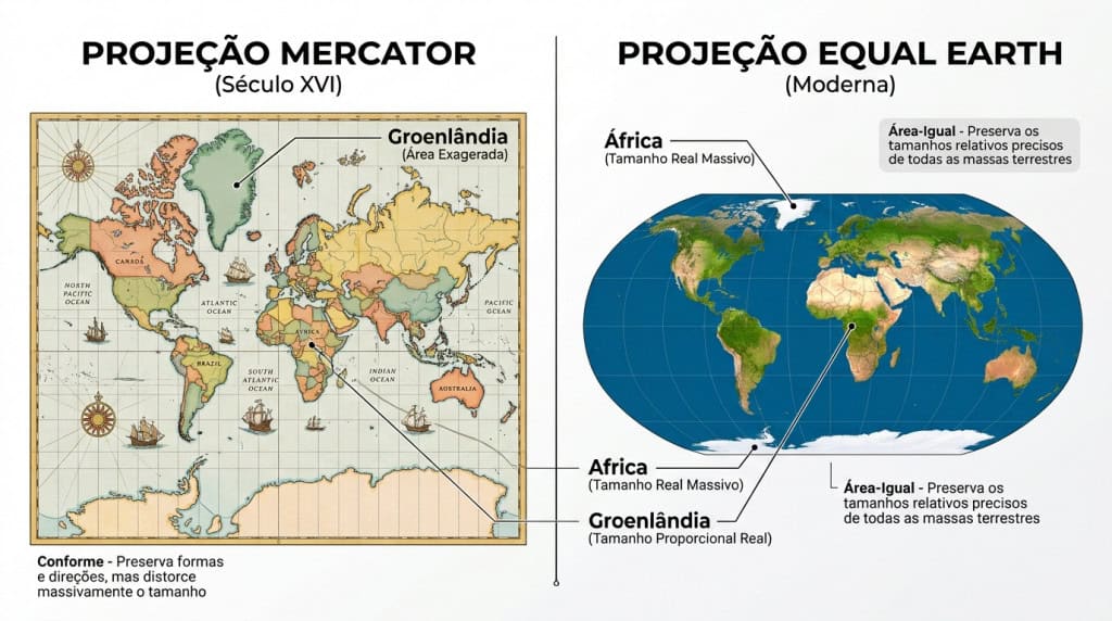 Comparação entre o mapa-múndi Mercator e o Equal Earth