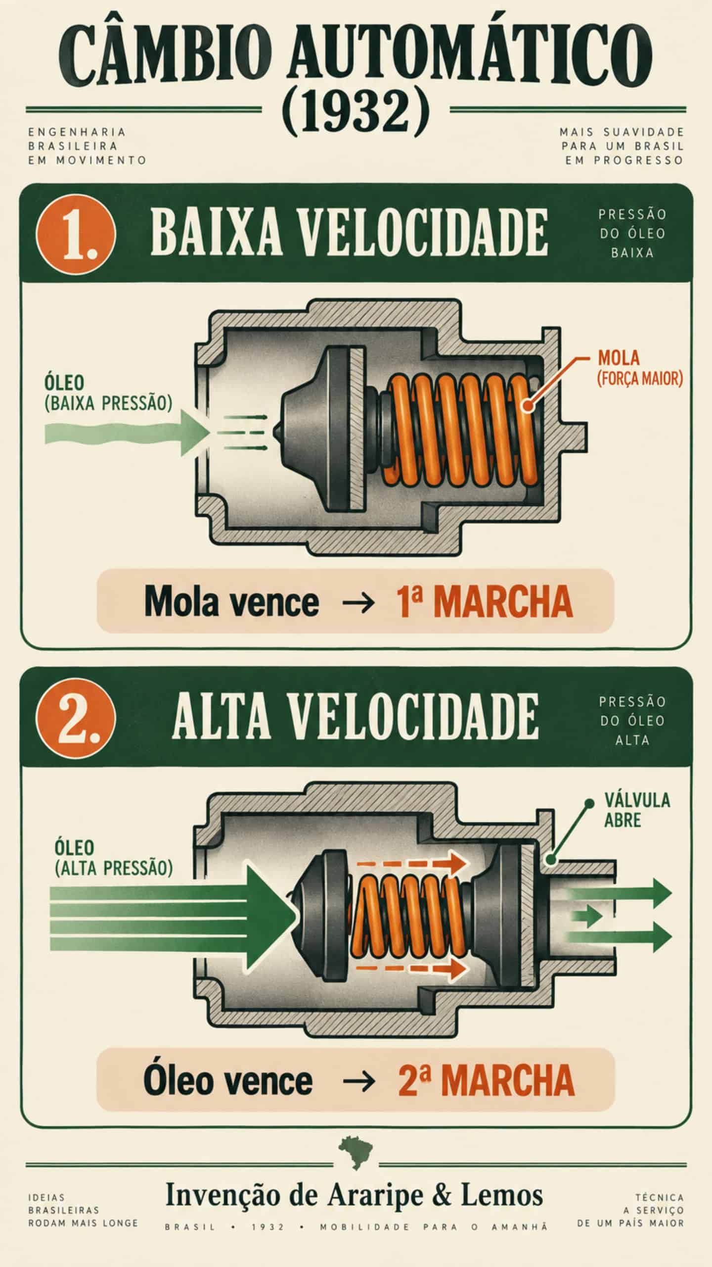 Infográfico sobre como o câmbio automático inventado por brasileiros funcionava