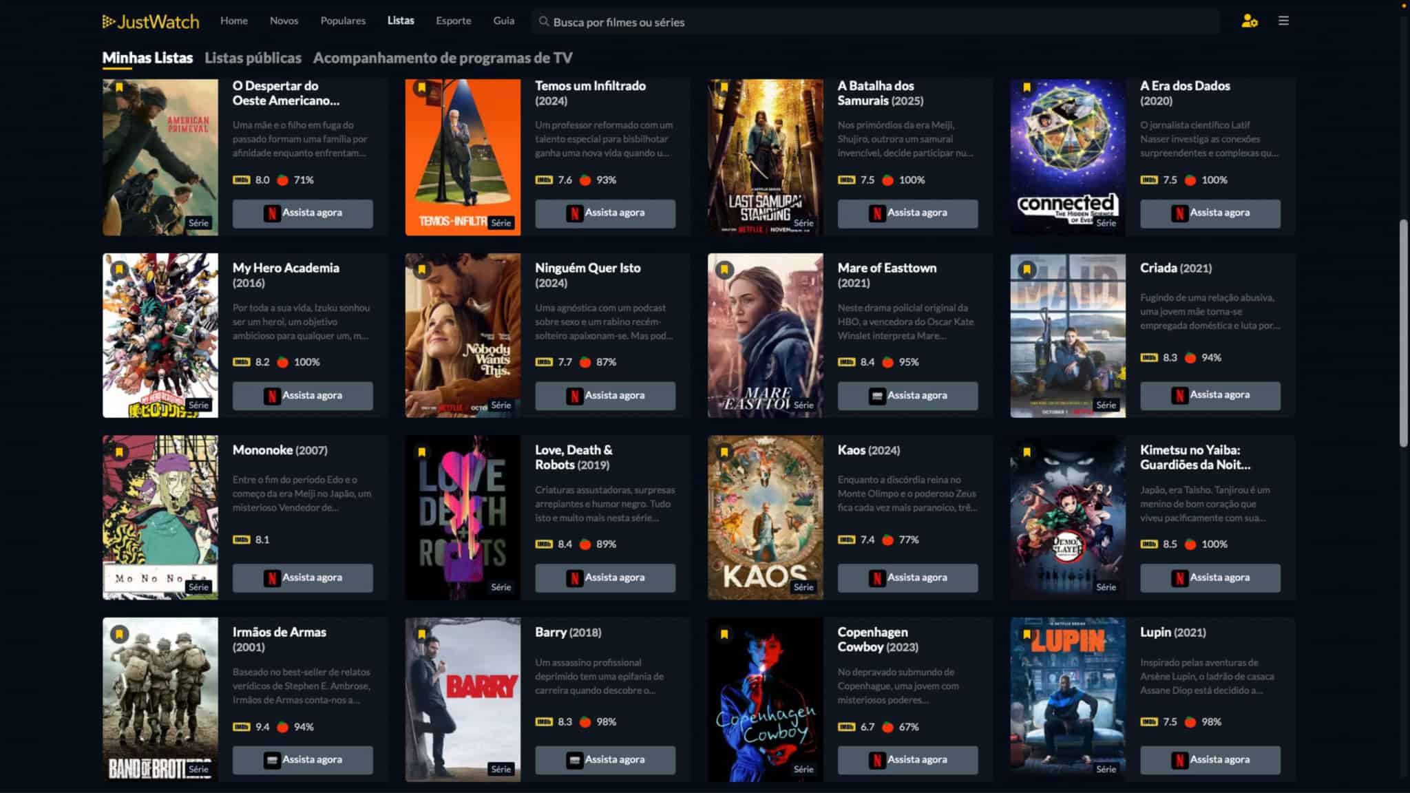 Captura de tela e uma watchlist no JustWatch