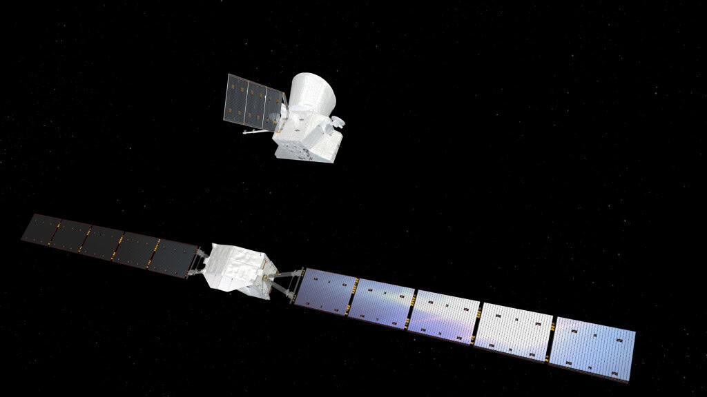 Ilustração mostra a configuração da BepiColombo após a separação de seus módulos – Imagem: ESA/ATG medialab