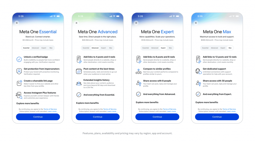 Planos Meta One para empresas e criadores em quatro níveis