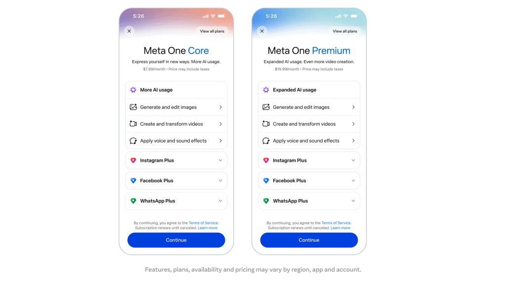 Planos Meta One Core e Premium com recursos de inteligência artificial
