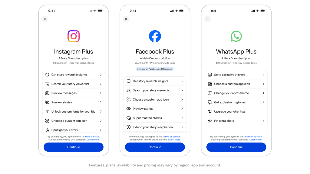 Planos pagos do Instagram, Facebook e WhatsApp no Meta One