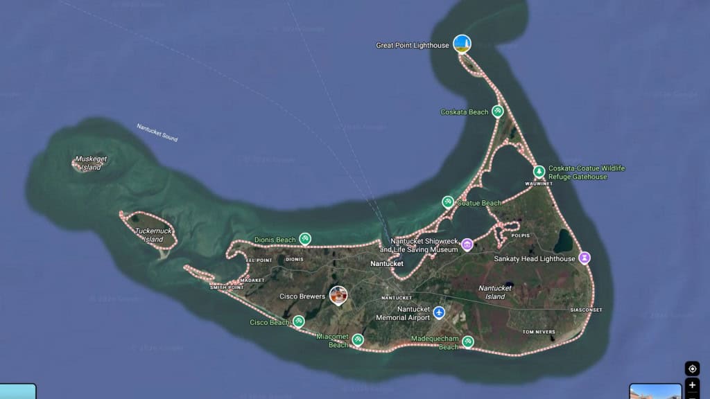 Mapa com visão de satélite de Nantucket, em Massachusetts