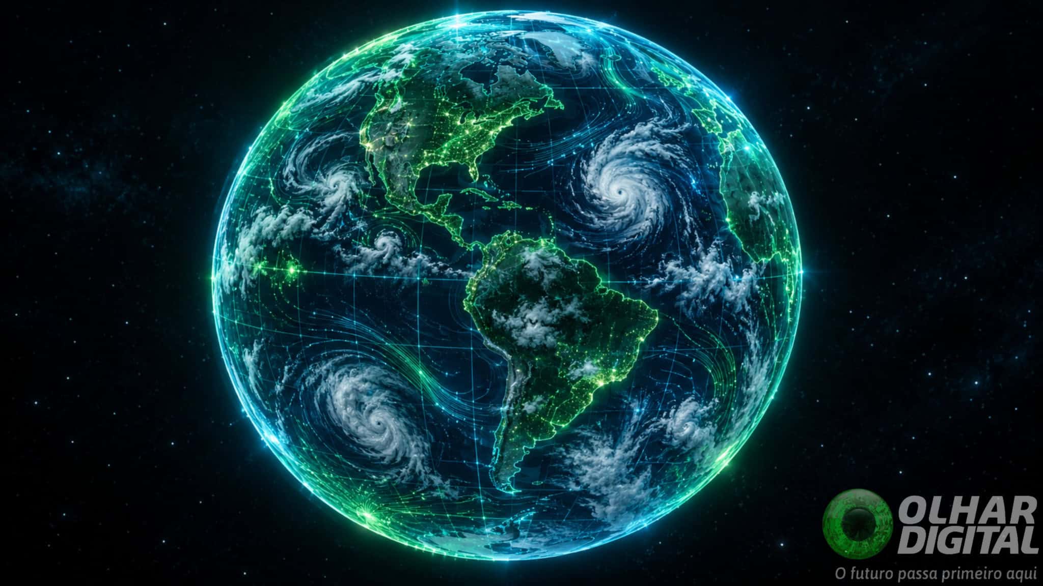 Ilustração digital 3D de um globo holográfico futurista exibindo padrões meteorológicos e nuvens de chuva, com uma sobreposição de grade de mapa digital brilhante