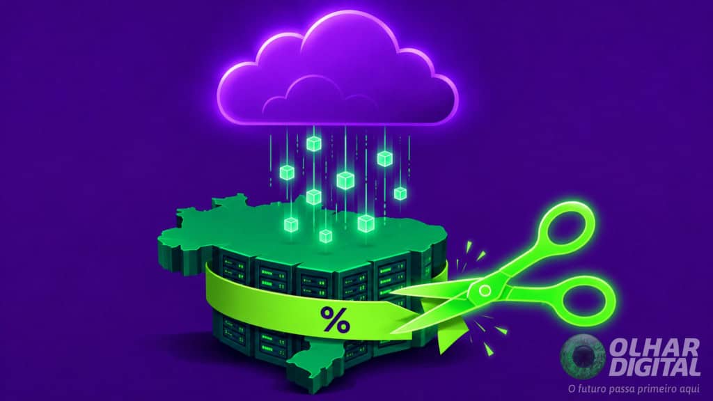Ilustração de mapa do Brasil em cima de data center embrulhado por faixa de porcentagem sendo cortada por tesoura