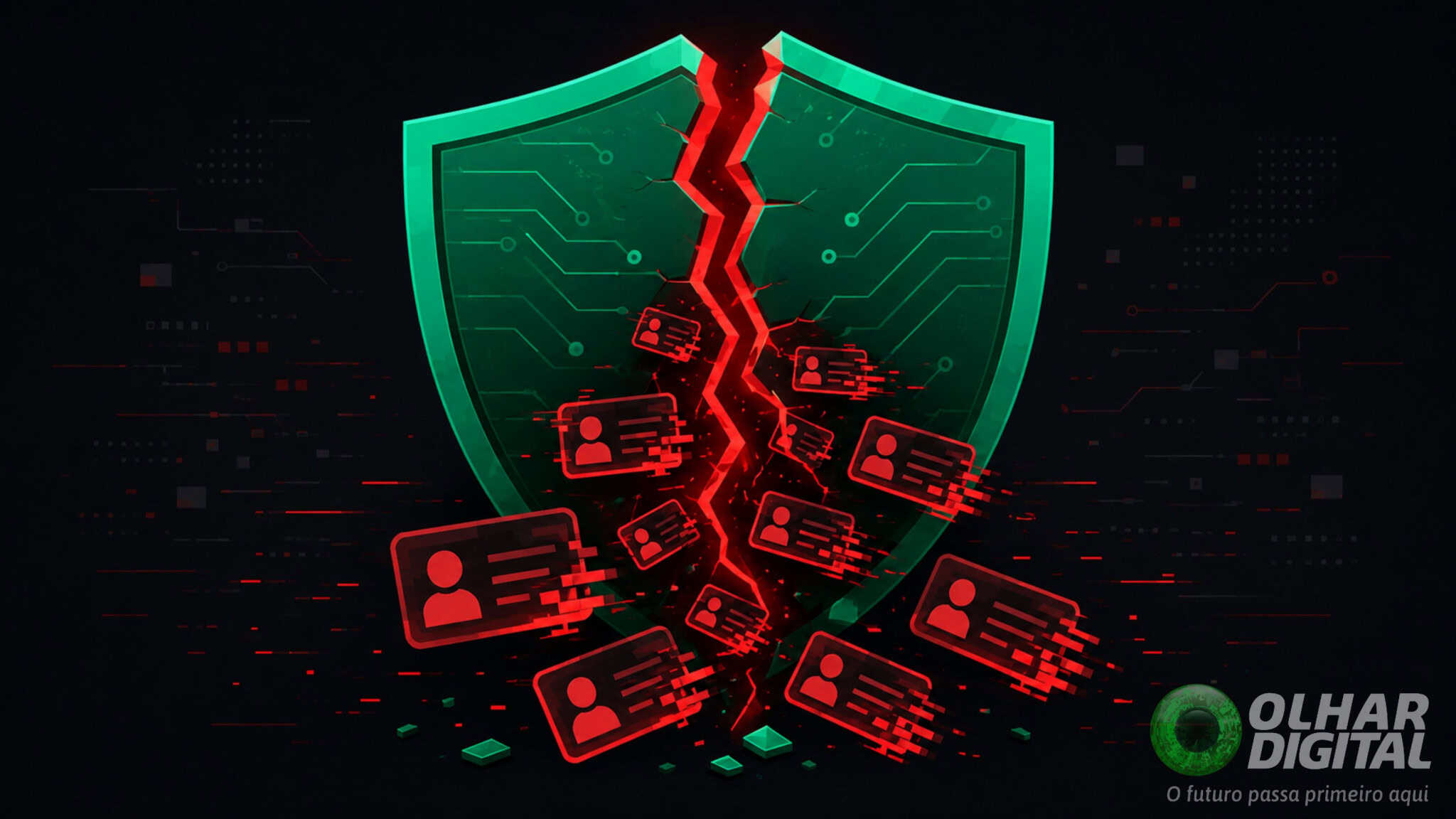 Um grande escudo verde de segurança digital (que representa a verificação de identidade) cortado ao meio por uma grande rachadura vermelha, de onde saem vários ícones simplificados de documentos flutuando para fora