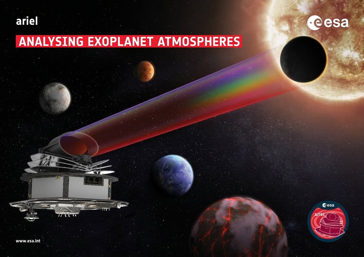 O telescópio Ariel, da ESA, analisa a luz de estrelas filtrada por exoplanetas para mapear a composição química de suas atmosferas.