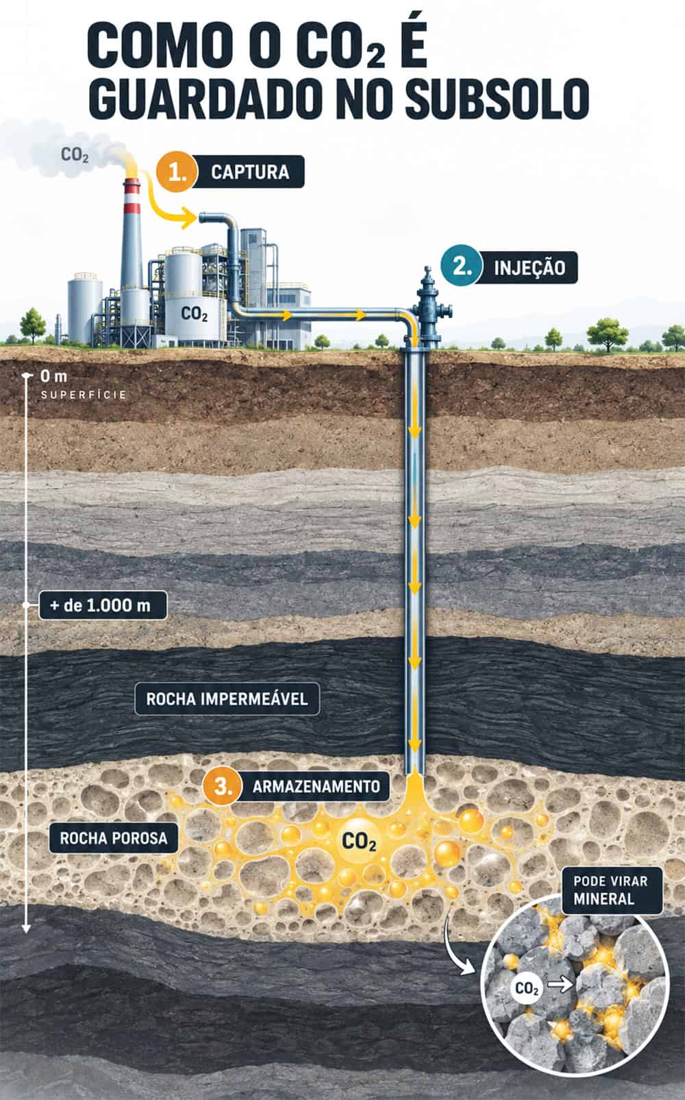 O CO2 capturado em indústrias pode ser comprimido e injetado em rochas porosas profundas, onde fica isolado por camadas impermeáveis e pode mineralizar com segurança.