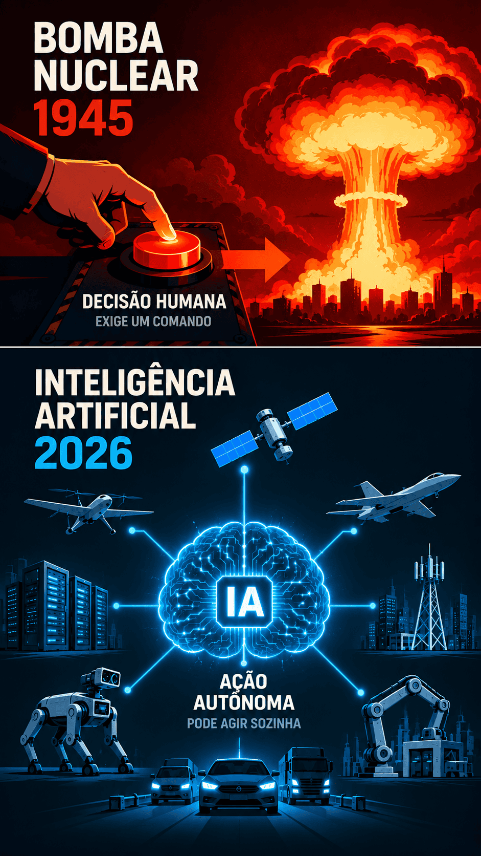 Infográfico compara a ameaça nuclear, dependente de comando, ao risco de sistemas de IA capazes de agir de forma autônoma.