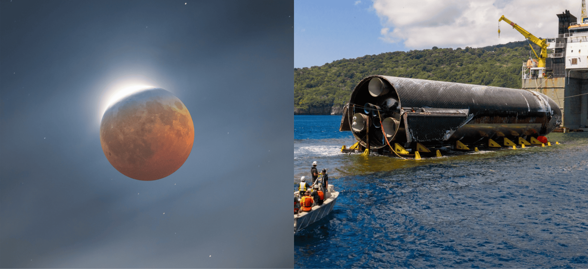 Imagem do eclipse lunar com tonalidade laranja na Bahia e foto do resgate espacial no mar