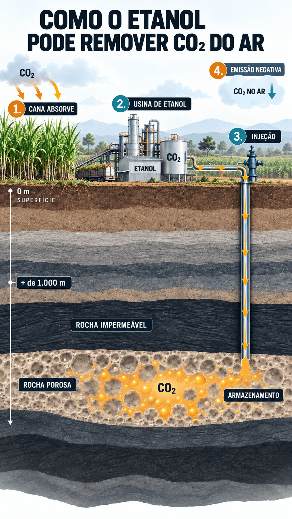 Da cana ao subsolo, o etanol brasileiro pode capturar carbono, armazená-lo em rochas profundas e ajudar a conter o aquecimento global.