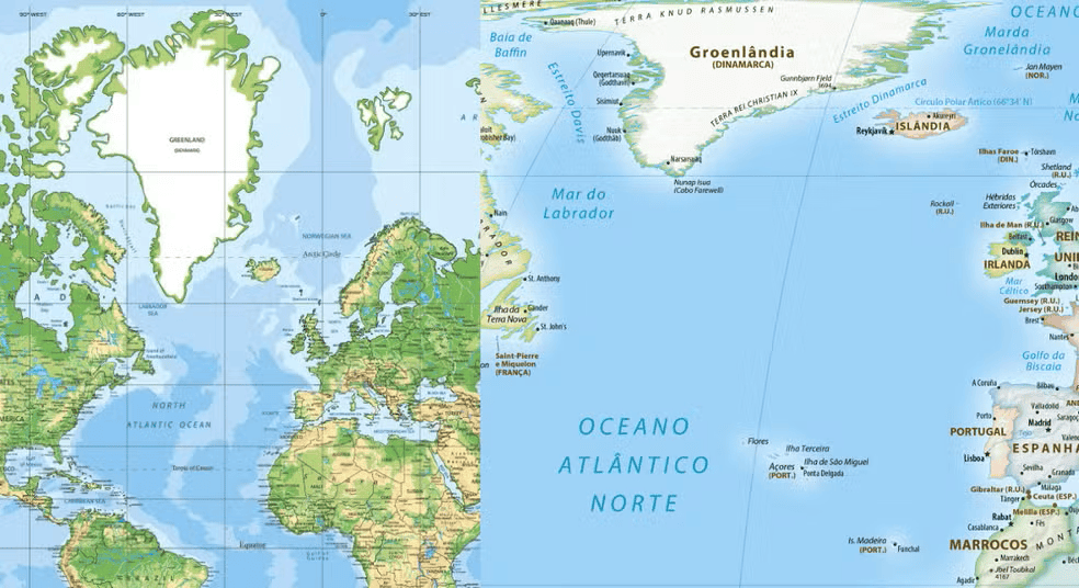 Comparação entre a Projeção de Mercator (esquerda) e o novo mapa aprovado pela ONU (direita) mostra a diferença na proporção de terras mais próximas aos polos