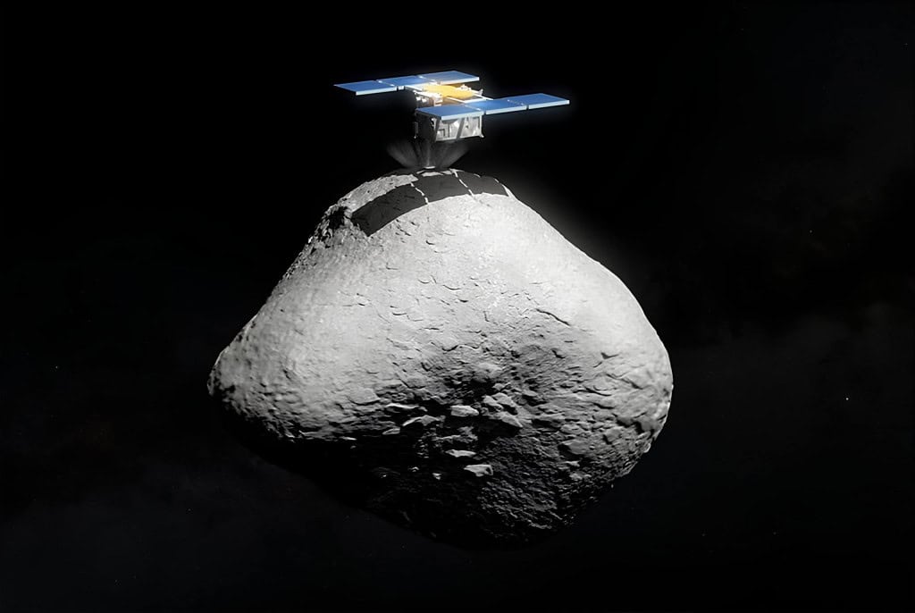 Ilustração da sonda Hayabusa 2 pousando em asteroide.