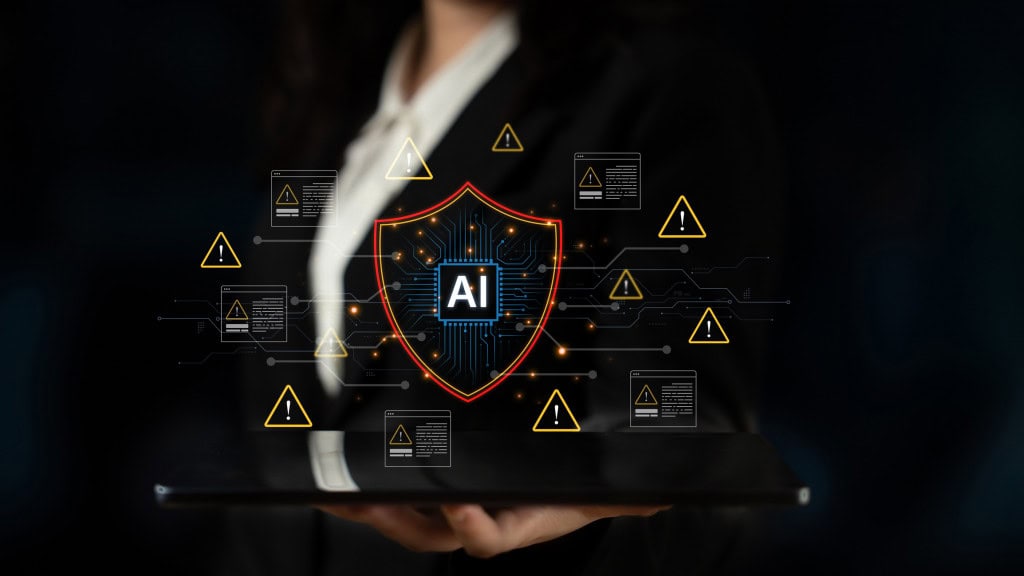 Ilustração conceitual da segurança da inteligência artificial com escudos e sinais de alerta em um ambiente digital futurista