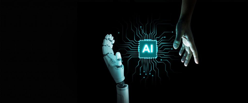 Conceito futurista de IA mostrando mãos humanas e robóticas alcançando umas às outras, simbolizando a consciência, conexão humano-AI, confiança e a visão filosófica da tecnologia inteligente.