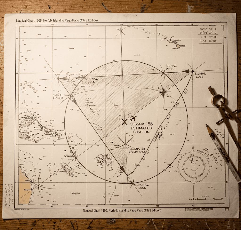 Representação de como Gordon calculou a posição do Cessna, marcando no mapa os pontos onde o DC-10 cruzou o raio de alcance do DC-10, depois traçando as linhas medianas entre esses pontos e determinando o local a partir da intercessão dessas medianas 