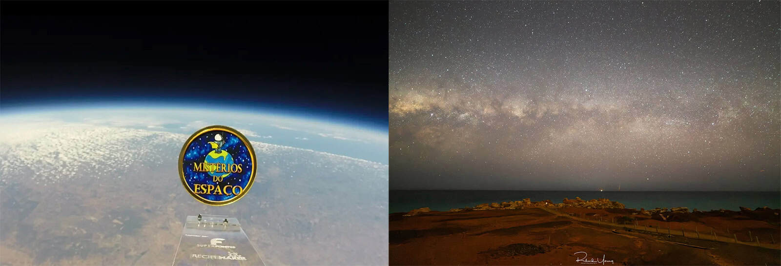 Imagem obtida por balão estratosférico do Projeto Naos (à esquerda) e um registro raríssimo do momento em que um asteroide detectado no espaço atinge a Terra (à direita).