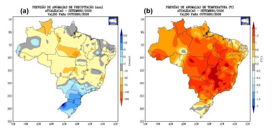 Temperaturas devem subir até 2 °C acima da média histórica em estados do Sudeste e Centro-Oeste. No Sul, faixa leste do Rio Grande do Sul pode registrar acumulados de chuva até 200 mm acima do normal. – Imagem: Divulgação/Inmet