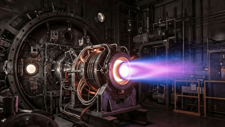 Testes de motor de magnetoplasma no Jet Propulsion Laboratory (JPL), da NASA. – Créditos: NASA/JPL