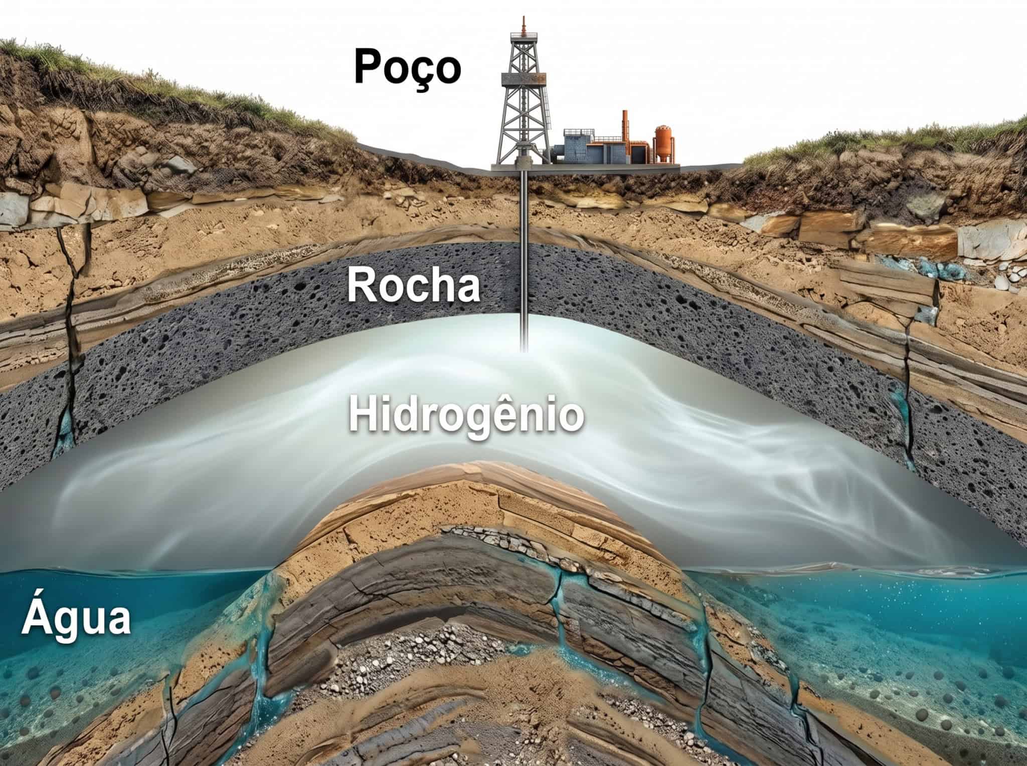 Ilustração esquemática mostra um poço perfurando camadas rochosas até um reservatório subterrâneo de hidrogênio natural, acima de aquífero, exemplificando formação e acúmulo geológico no Brasil.