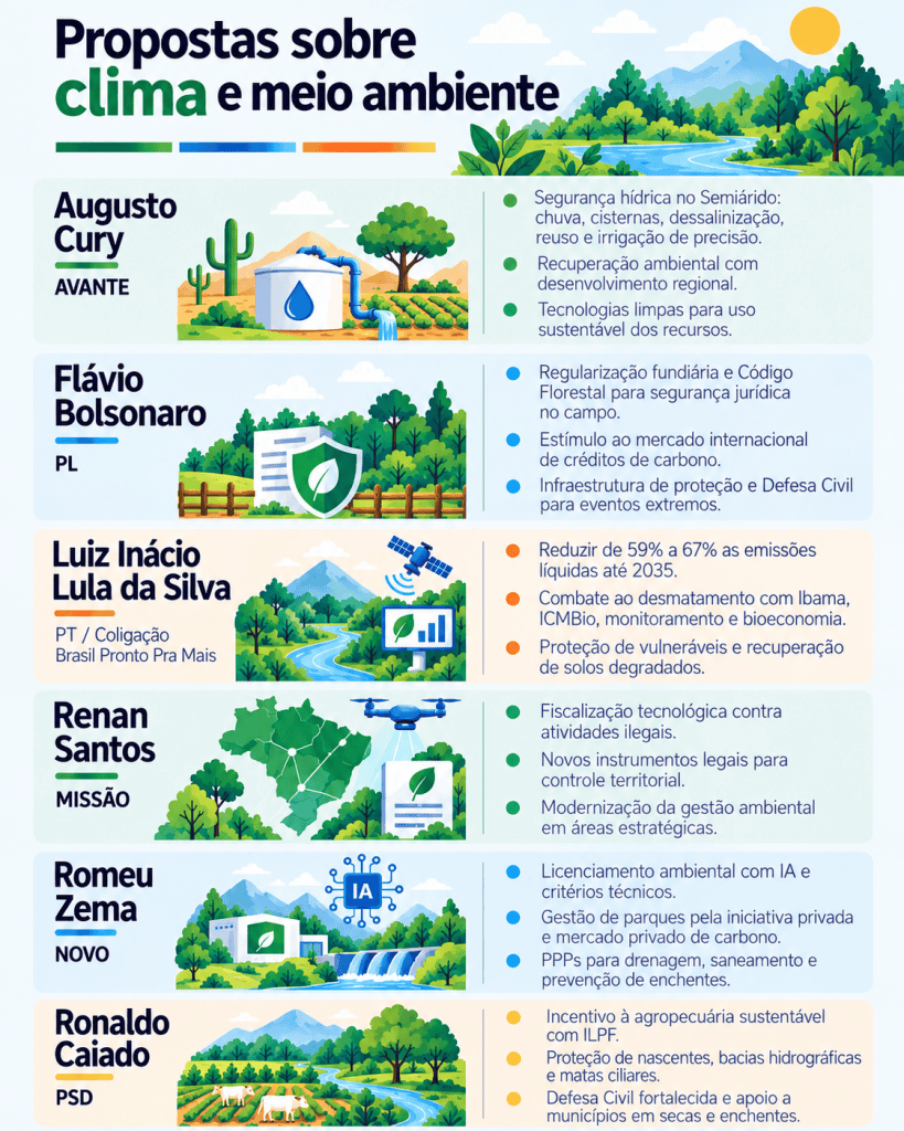 Resumo das propostas dos seis candidatos em relação ao clima. – Crédito: Imagem gerada por IA com base nos planos de governo apresentados pelos seis candidatos