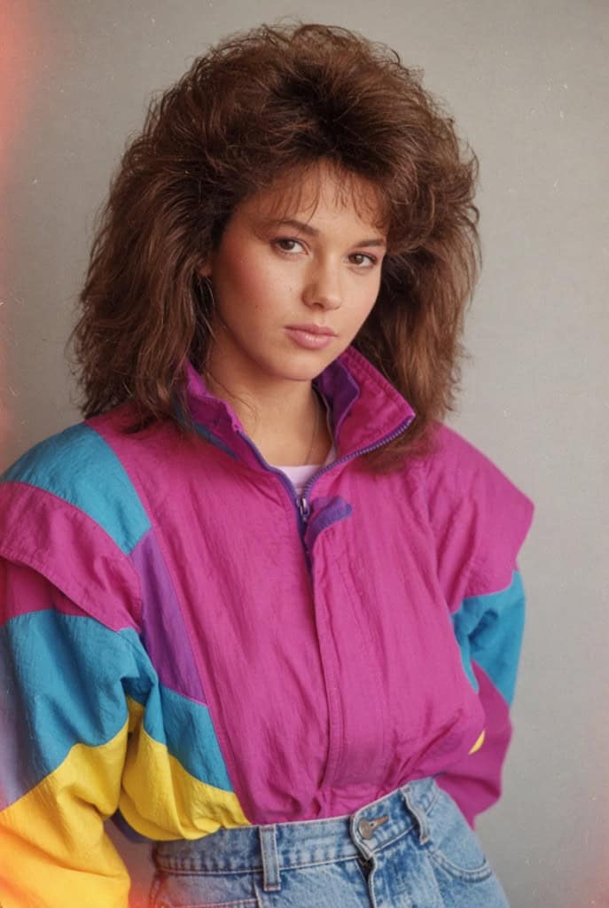 Mulher criada por IA com roupas dos anos 1980.
