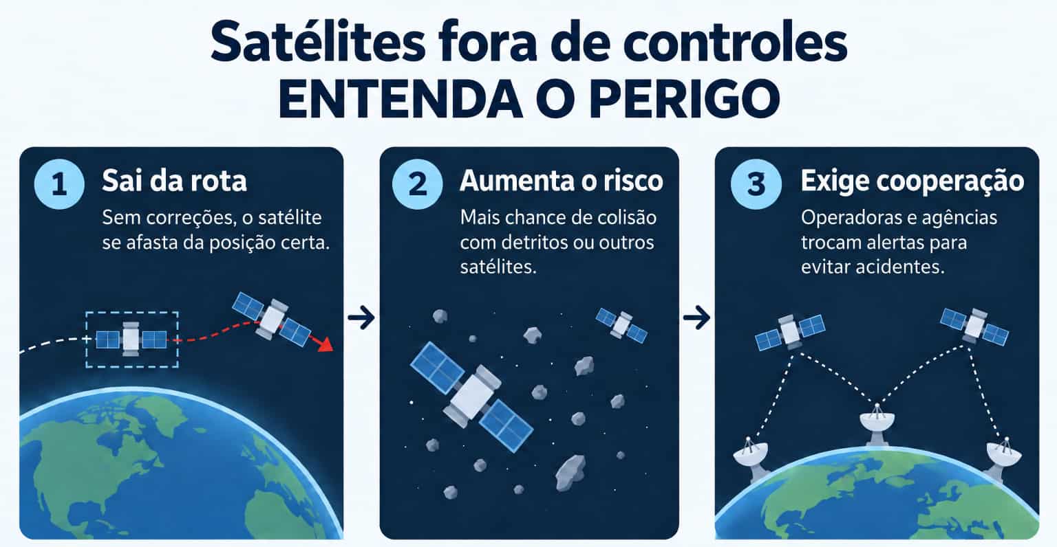 Sem ajustes de rota, satélites são desviados e aumentam os riscos de colisões em órbita, exigindo cooperação e troca de alertas entre operadoras para evitar acidentes.