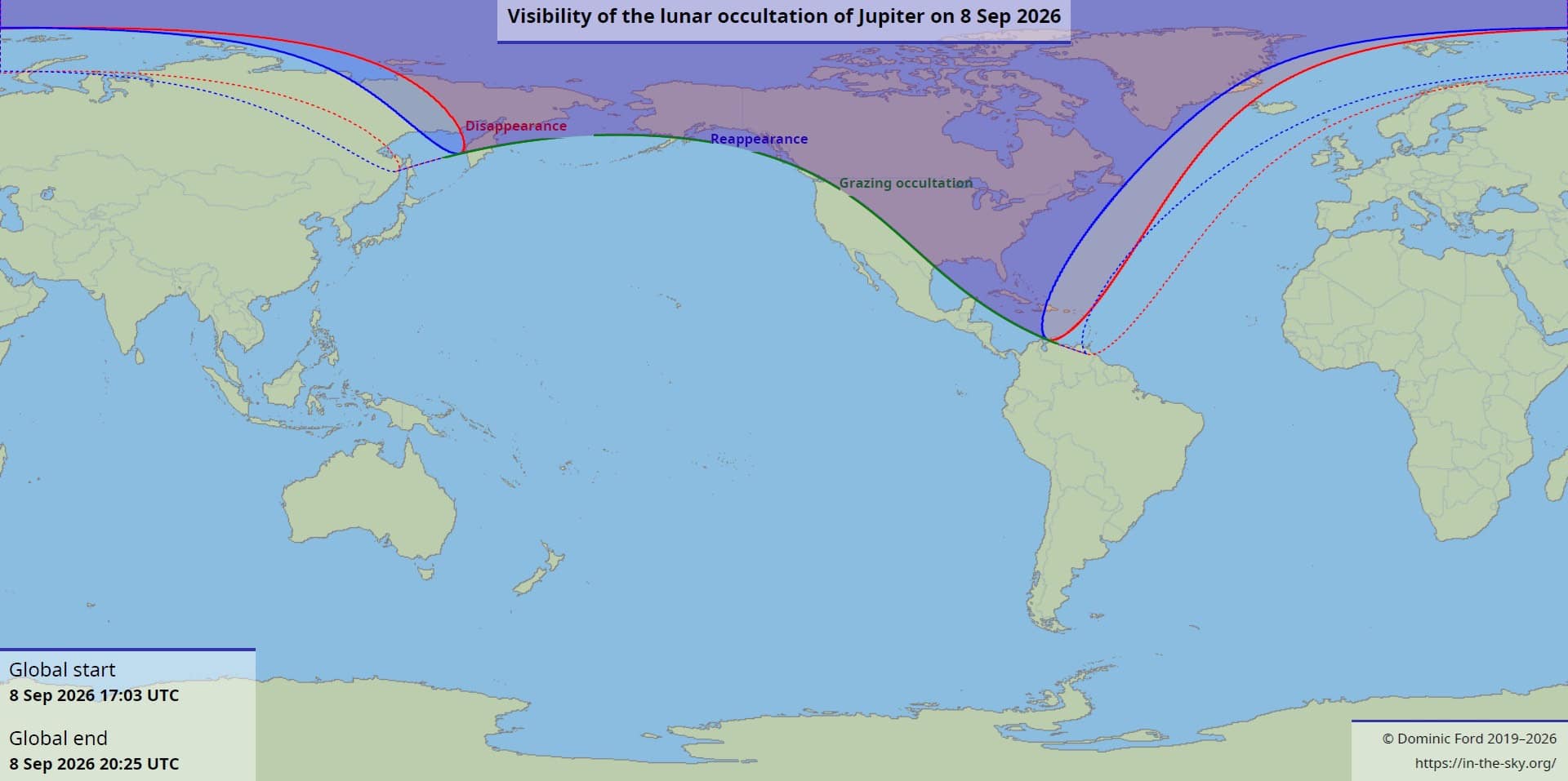 Mapa-múndi mostra a faixa de visibilidade da ocultação de Júpiter pela Lua em 8 de setembro de 2026, com linhas indicando as regiões onde o planeta desaparece e reaparece atrás da Lua