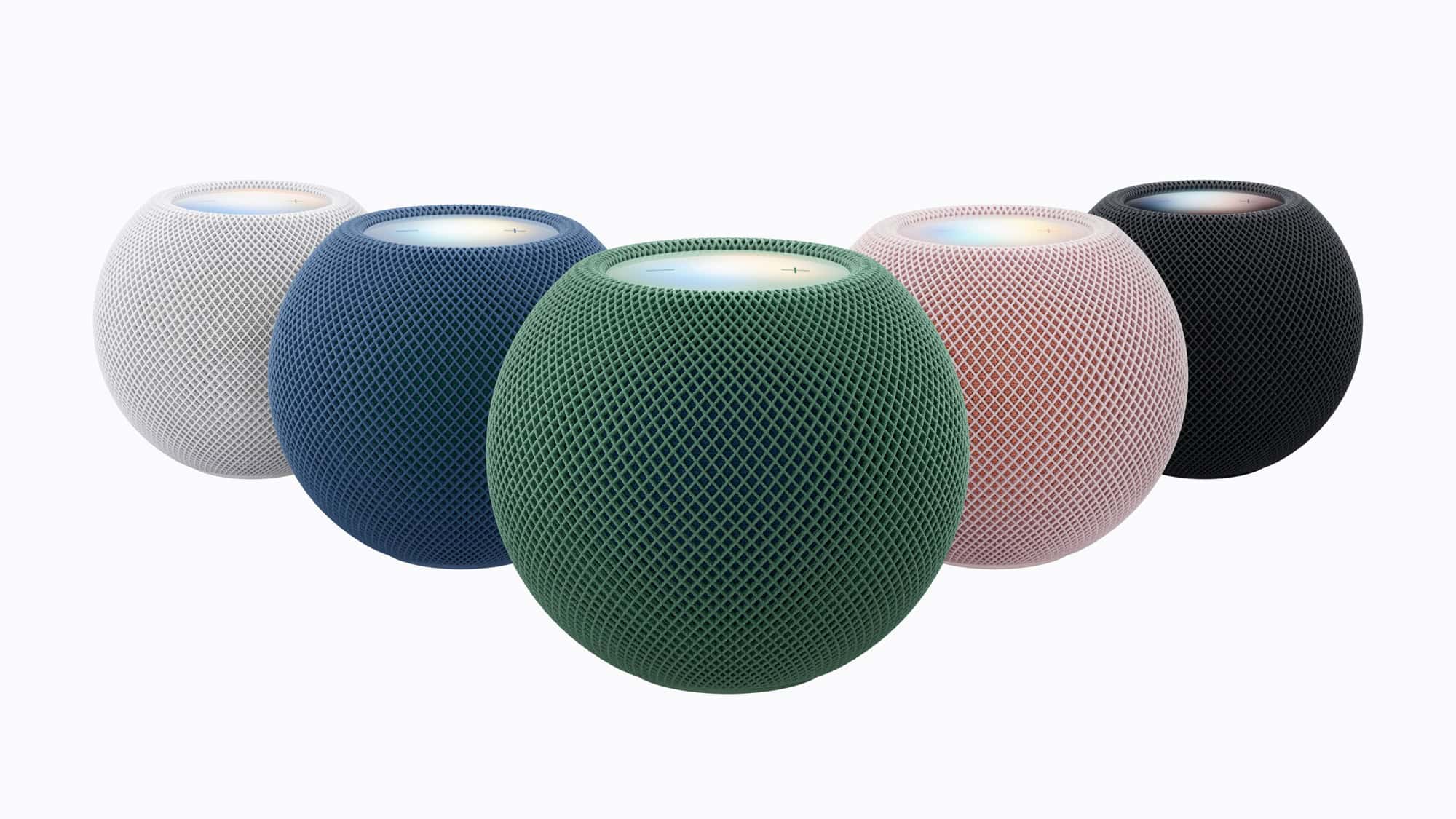 HomePod mini 2 em cinco cores: branco, azul, verde, rosa e meia-noite.