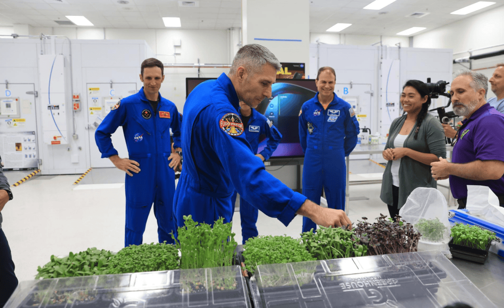 Astronautas na Área de Processamento de Plantas dentro da Instalação de Processamento de Sistemas Espaciais no Centro Espacial Kennedy, na Flórida, em 12 de maio de 2026. – Foto: NASA/reprodução