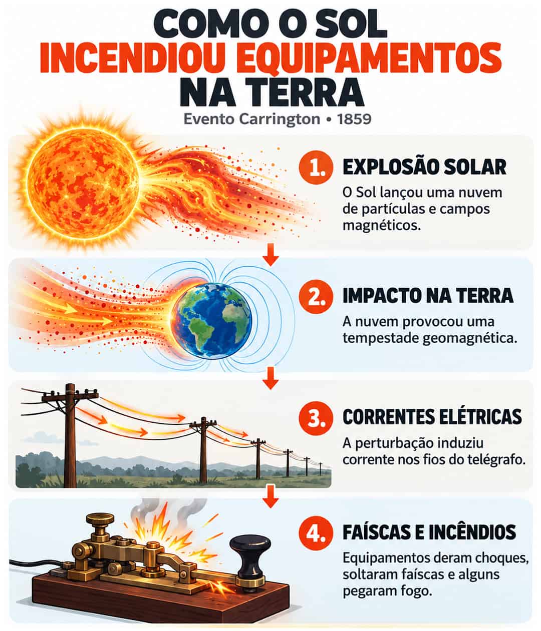 Em 1859, uma tempestade solar extrema atingiu a Terra, gerou auroras intensas e incendiou telégrafos, revelando o poder do Sol.