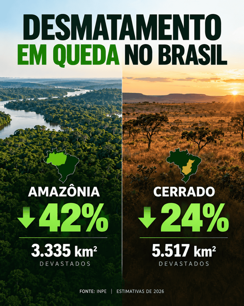 Desmatamento no Brasil em queda histórica tanto na Amazônia quanto no Cerrado.