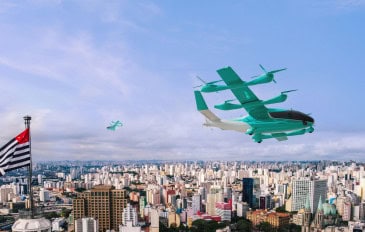 Imagem de carros voadores da Eve voando sobre a cidade de São Paulo