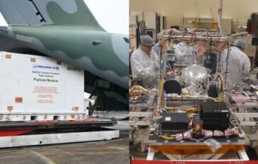 Montagem com fotos tiradas pelo Inpe de preparativos para lançamento do satélite Amazônia 1B