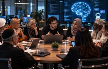 Em imagem meramente ilustrativa, líderes de diferentes tradições religiosas participam de uma discussão com especialistas em inteligência artificial. Empresas de tecnologia buscam referências éticas para orientar o comportamento dos chatbots, conciliar valores culturais e evitar respostas prejudiciais.