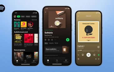 Três celulares exibem a interface de audiolivros do Spotify, com capas de livros e controles de reprodução