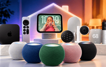 Montagem com dispositivos da Apple para casa inteligente, incluindo Apple TV 4K, HomePod mini 2, HomeView, câmeras de segurança, fechadura inteligente e termostato