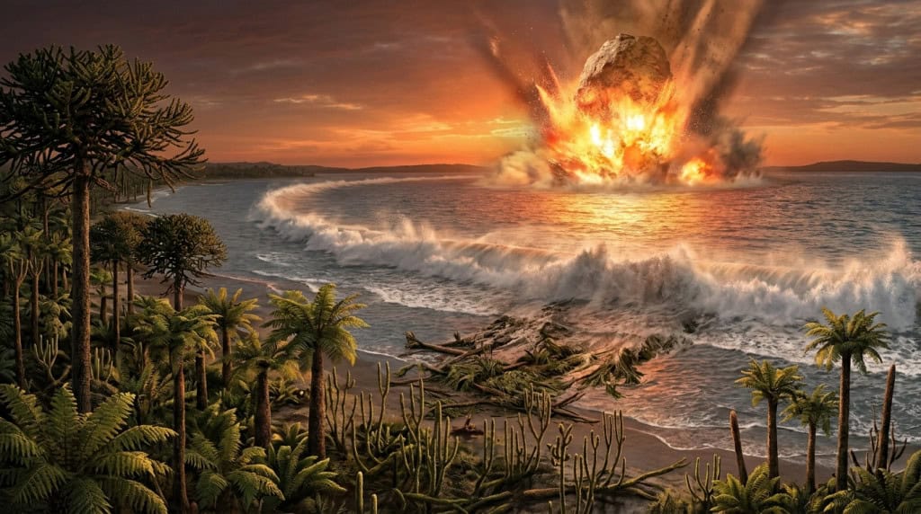 Ilustração realista mostrando a reconstituição do momento exato do impacto do asteroide na Terra há 390 milhões de anos, gerando uma imensa onda de choque e poeira.