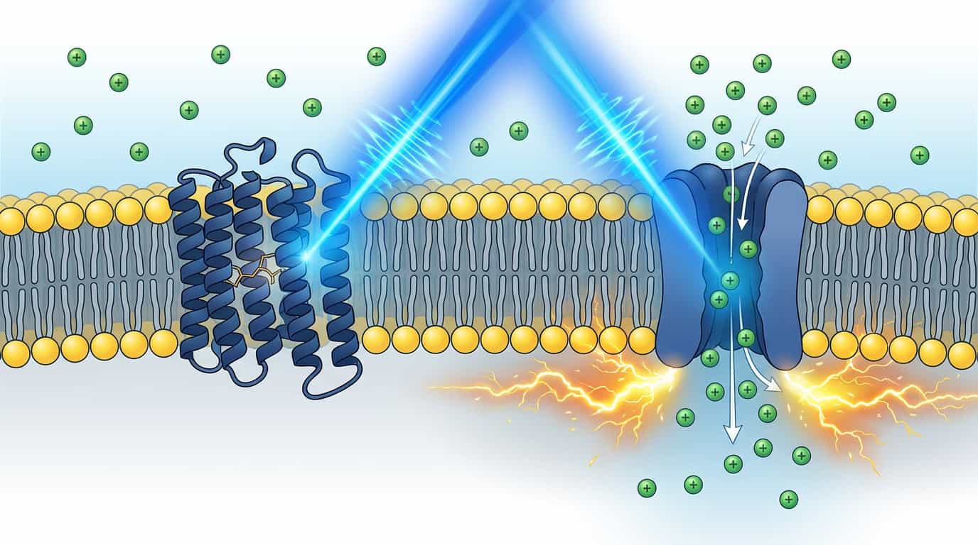 "Luz que controla células: Quando o feixe de luz azul atinge a proteína na superfície da célula, ela funciona como um