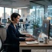 profissional trabalhando em uma mesa em um escritório moderno, cercado por sobreposições sutis e luminosas de redes digitais e visualizações de dados flutuantes que representam o impacto da inteligência artificial no ambiente de trabalho