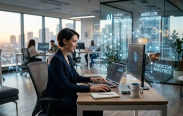 profissional trabalhando em uma mesa em um escritório moderno, cercado por sobreposições sutis e luminosas de redes digitais e visualizações de dados flutuantes que representam o impacto da inteligência artificial no ambiente de trabalho