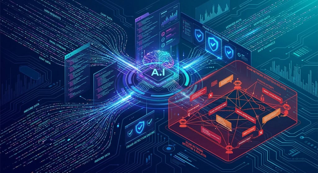 sistema avançado de inteligência artificial analisando fluxos de dados digitais e filtrando redes de golpes