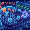 ilustração editorial de tecnologia moderna representando cibersegurança impulsionada por inteligência artificial defendendo contra golpes digitais