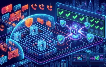ilustração editorial de tecnologia moderna representando cibersegurança impulsionada por inteligência artificial defendendo contra golpes digitais